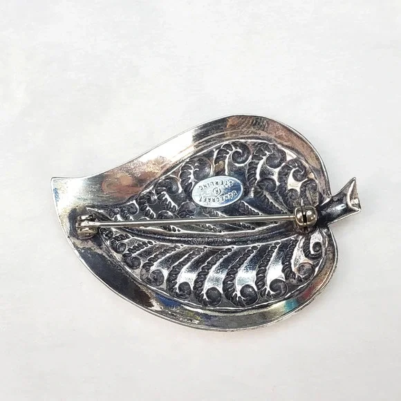 Vintage Danecraft Ornate Sterling Silver Signed Leaf Brooch - Picture 7 of 13